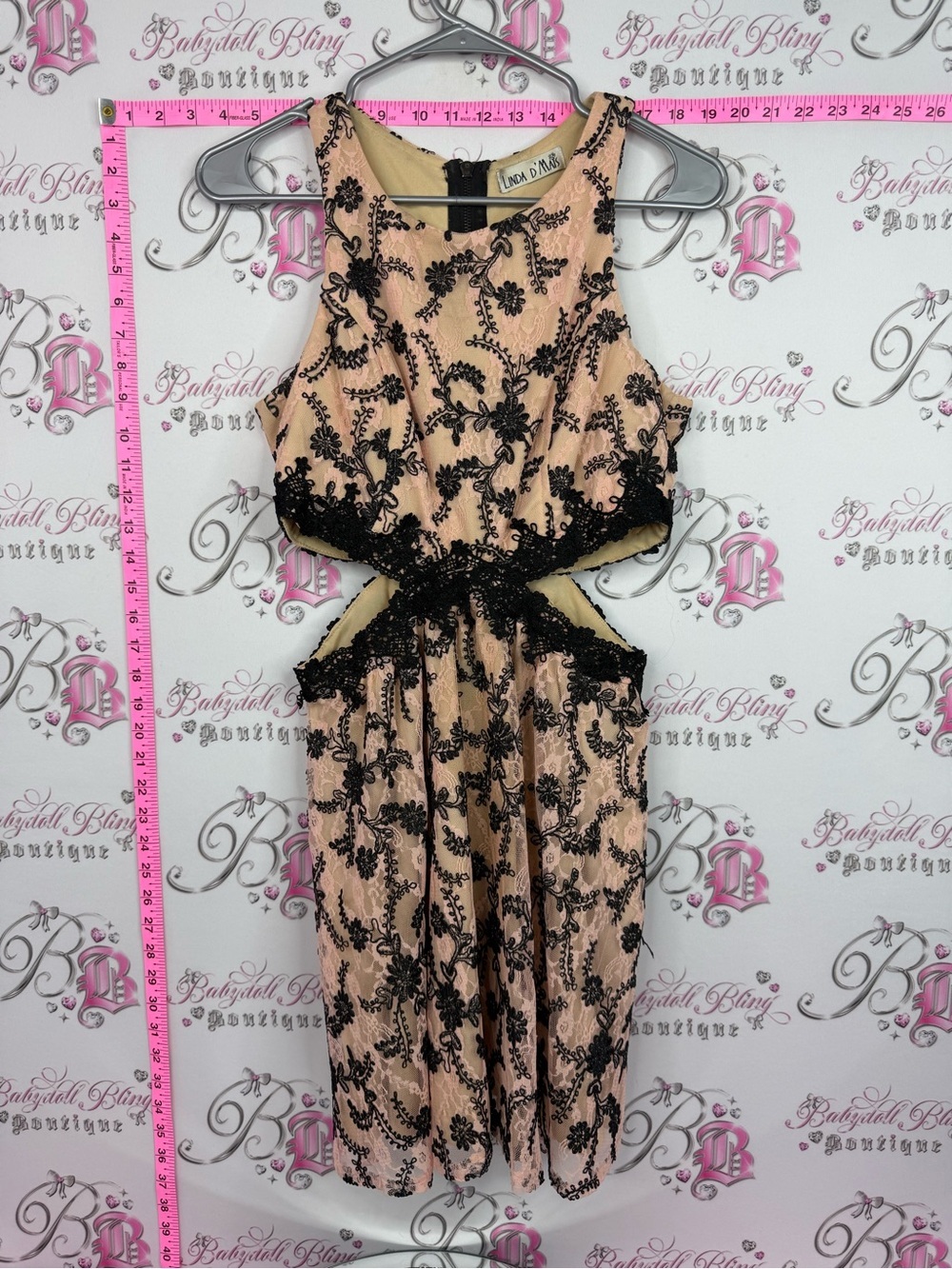 Linda D‘Mais dress Peach Dress with Black Lace Cutout Sides